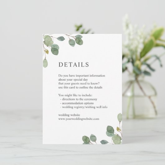 Elegant Waterverf Eucalyptus Weddenschap Details Informatiekaartje (Staand voorkant)