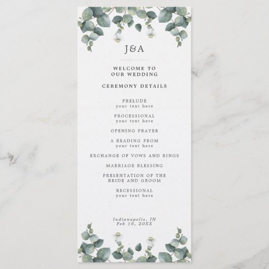 Elegant Waterverf Eucalyptus Wedding Programma (Voorkant)