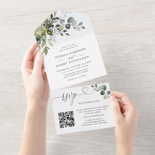 Elegant Waterverf Eucalyptus Wedding QR code All In One Uitnodiging (Afscheurbaar)