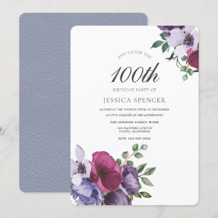Elegant Waterverf Floral 100th Birthday Invite Kaart