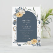 Elegant Waterverf Floral Blue Wedding Invitation Kaart (Staand voorkant)
