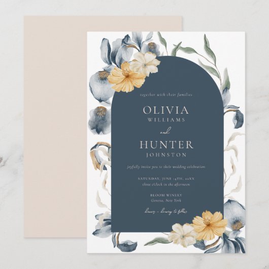 Elegant Waterverf Floral Blue Wedding Invitation Kaart (Voorkant / Achterkant)