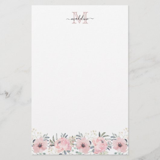 Elegant Waterverf Floral Blush Pink Monogram Briefpapier (Voorkant)