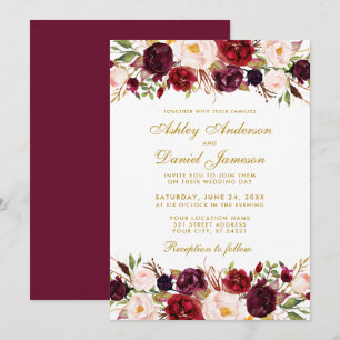 Elegant Waterverf Floral Burgundy Gold Wedding Kaart