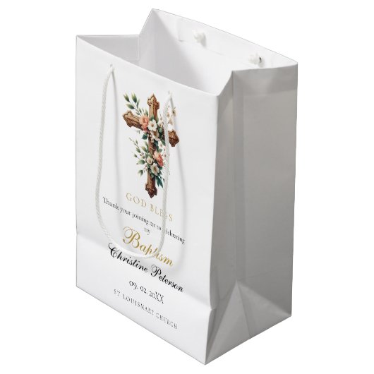 Elegant Waterverf Floral Cross Baptisme Medium Cadeauzakje (Voorkant Gekanteld)