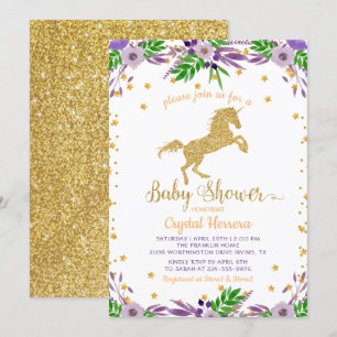 Elegant Waterverf Floral Gold Unicorn Baby shower Kaart