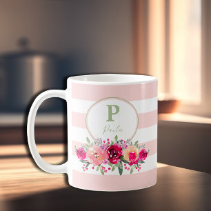 Elegant Waterverf Floral Monogram op roze strepen Koffiemok