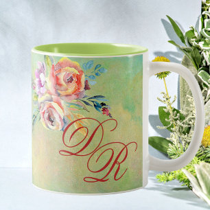 Elegant Waterverf Floral Monogram Tweekleurige Koffiemok