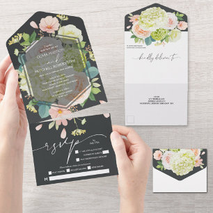 Elegant Waterverf Floral Onyx Wedding All In One Uitnodiging