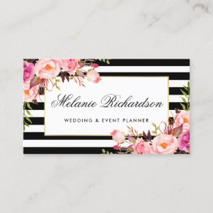 Elegant Waterverf Floral Pink Gold Lijst Striped Visitekaartje