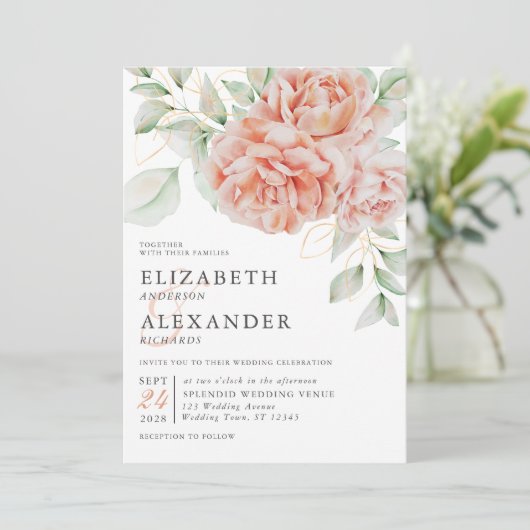 Elegant Waterverf Floral Pink Wedding Kaart (Staand voorkant)