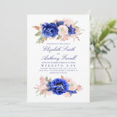 Elegant Waterverf Floral Wreaty Navy Blue Wedding Kaart (Staand voorkant)