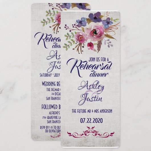 Elegant Waterverf Flowers Rehearsal Dinner Kaarten (Voorkant / Achterkant)