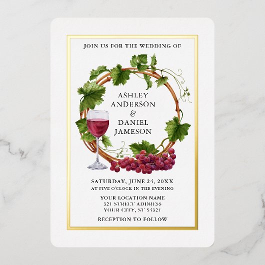 Elegant Waterverf Grape Vines Wreatding Wedding Go Folie Uitnodiging (Voorkant)