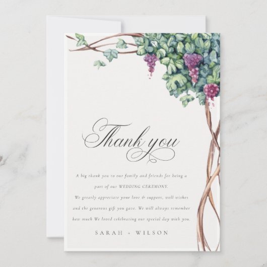 Elegant Waterverf Grapevine Foliage Wedding Bedankkaart (Voorkant)