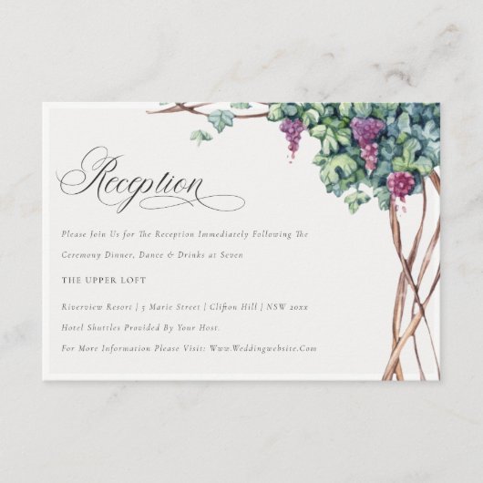 Elegant Waterverf Grapevine Wedding Reception Informatiekaartje (Voorkant)
