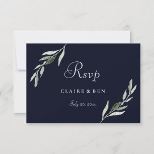 Elegant Waterverf Green Leaf Navy Wedding RSVP