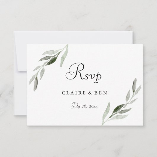 Elegant Waterverf Green Leaf Wedding Invite RSVP Kaartje (Voorkant)