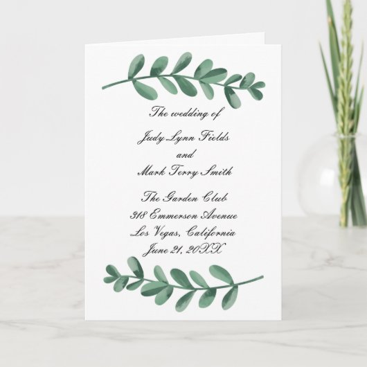 Elegant Waterverf Green Leaves Wedding Programme Kaart (Voorkant)