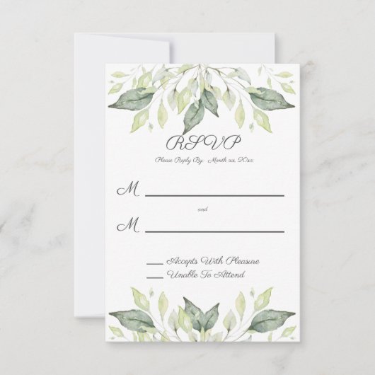 Elegant Waterverf Green Leaves Wedding RSVP Kaartje (Voorkant)