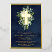 Elegant Waterverf Greenery Baptism Navy Blue Gold Folie Uitnodiging (Voorkant)