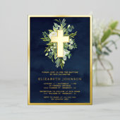 Elegant Waterverf Greenery Baptism Navy Blue Gold Folie Uitnodiging (Staand Voorkant)