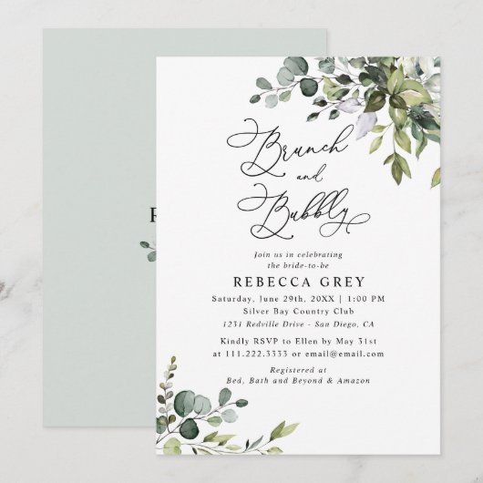Elegant Waterverf Greenery Brunch & Bubble Shower Kaart (Voorkant / Achterkant)