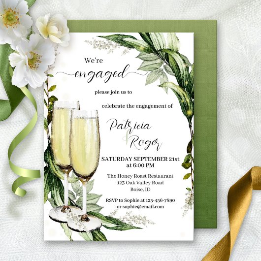 Elegant Waterverf Greenery Champagne Verloving Kaart