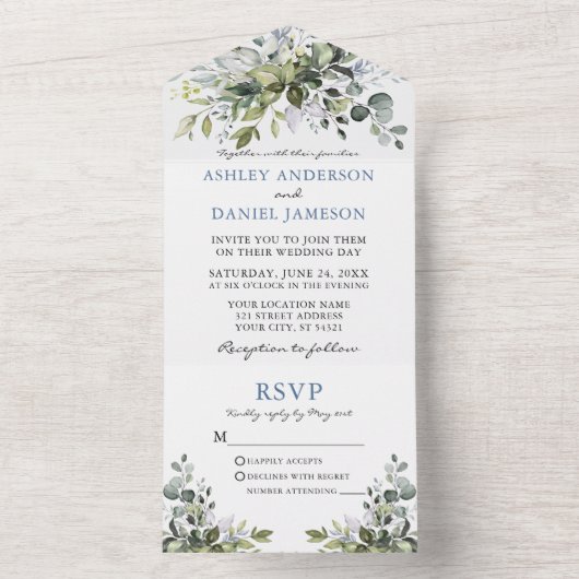 Elegant Waterverf Greenery Dusty Blue Wedding All In One Uitnodiging (Binnen)
