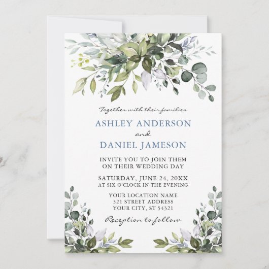 Elegant Waterverf Greenery Dusty Blue Wedding Kaart (Voorkant)
