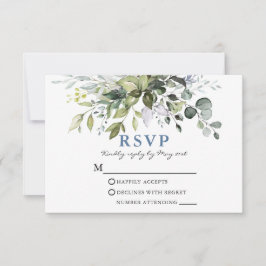 Elegant Waterverf Greenery Dusty Blue Wedding RSVP Kaartje