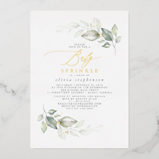 Elegant Waterverf Greenery en Gold Baby Sprinkle Folie Uitnodiging (Voorkant)