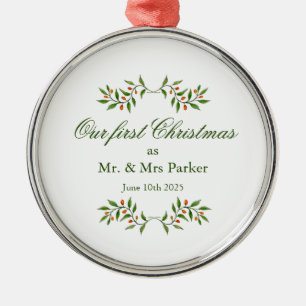 Elegant Waterverf Greenery Ons eerste kerstfeest Metalen Ornament
