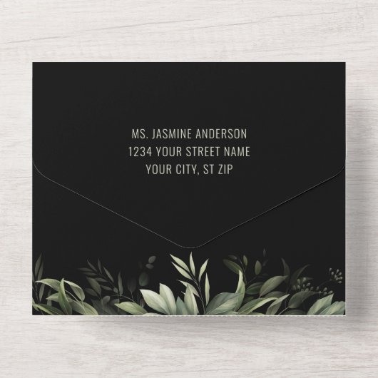 Elegant Waterverf Greenery over zwarte achtergrond All In One Uitnodiging (Achterkant)