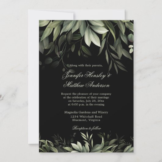 Elegant Waterverf Greenery over zwarte achtergrond Kaart (Voorkant)