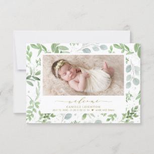 Elegant Waterverf Greenery Pattern Birth Aankondiging