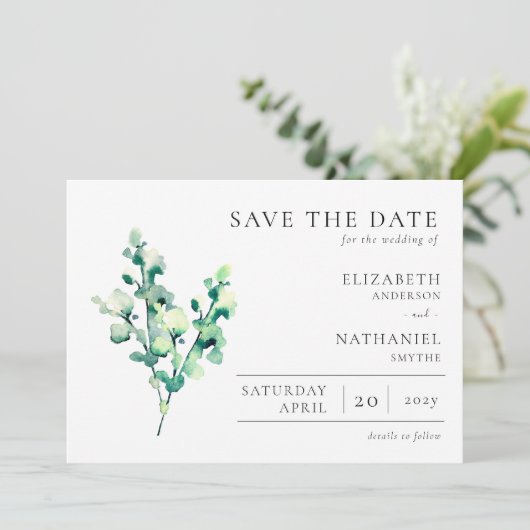 Elegant Waterverf Greenery Wedding Save The Date (Staand voorkant)