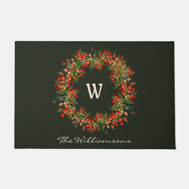 Elegant Waterverf Greenery Wreator Monogram Custom Deurmat (Voorkant)