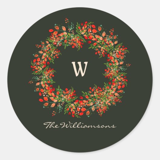 Elegant Waterverf Greenery Wreator Monogram Custom Ronde Sticker (Voorkant)