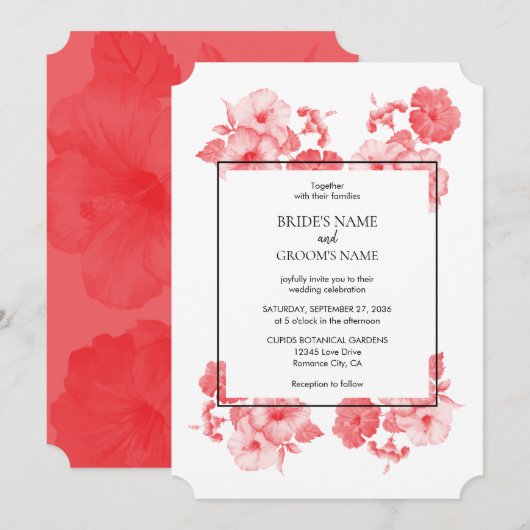 Elegant Waterverf Hibiscus Wedding Invitations Kaart (Voorkant / Achterkant)