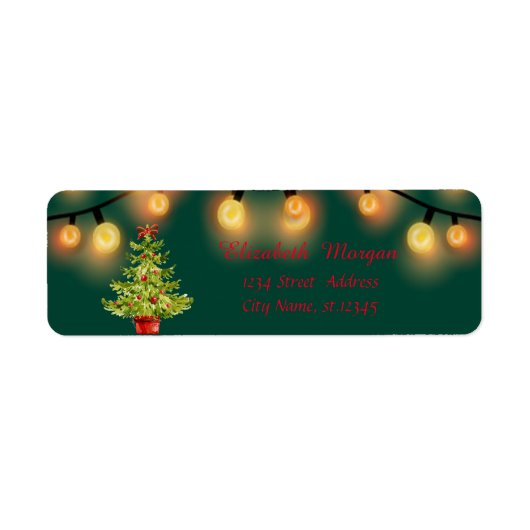 Elegant Waterverf kerstboom, String Lights Etiket (Voorkant)