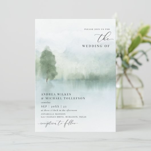 Elegant Waterverf Lake and Trees Wedding Invitati Kaart (Staand voorkant)