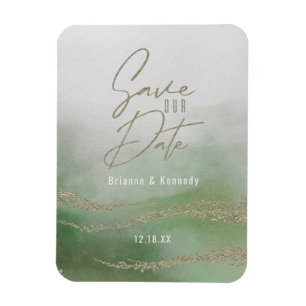 Elegant Waterverf Leaf Green & Gold Save the Date Magneet
