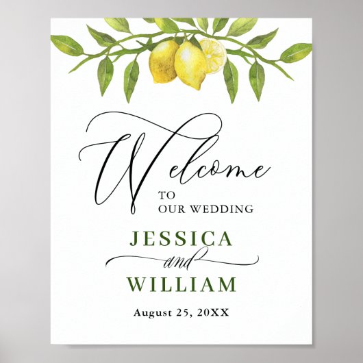 Elegant Waterverf Lemons Greenery Wedding Welkom Poster (Voorkant)
