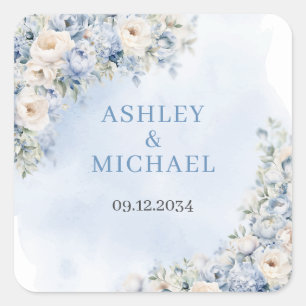 Elegant waterverf licht Blauw en wit Bloemen Vierkante Sticker