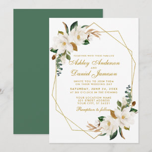 Elegant Waterverf Magnolias Greenery Gold Wedding Kaart