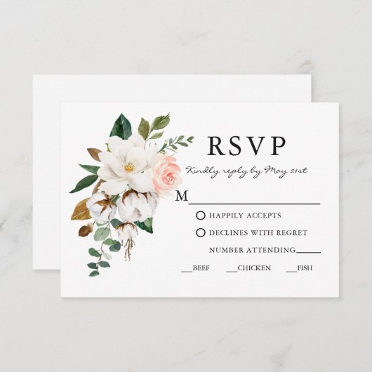 Elegant Waterverf Magnolias Rozen Weddenschap RSVP Kaartje (Voorkant / Achterkant)