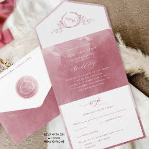 Elegant Waterverf Monogram Burgundy Kleur Trouw Al All In One Uitnodiging