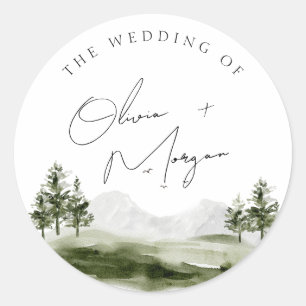 Elegant Waterverf Mountain Forest Wedding Ronde Sticker