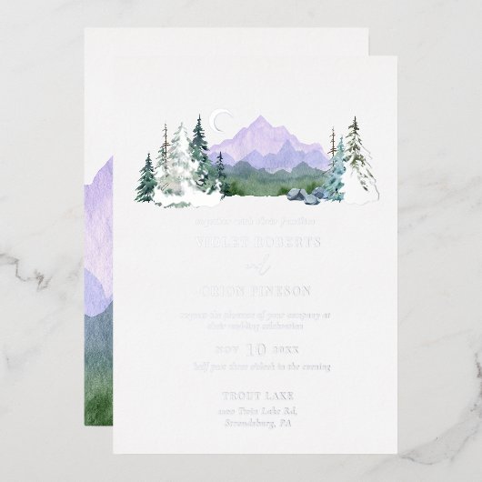 Elegant Waterverf Mountain Wedding Silver Folie Uitnodiging (Voorkant / Achterkant)